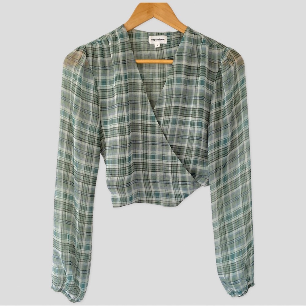 super down Green Sheer Plaid Cropped Blouse S